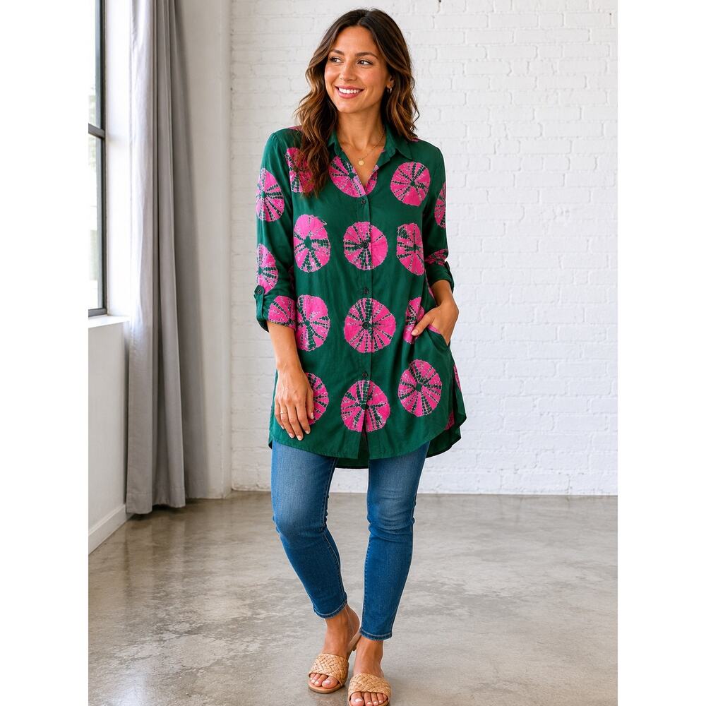 Elan Women’s Small Green Pink Tie Dye Button Front Tunic Shirt Top Boho Rayon